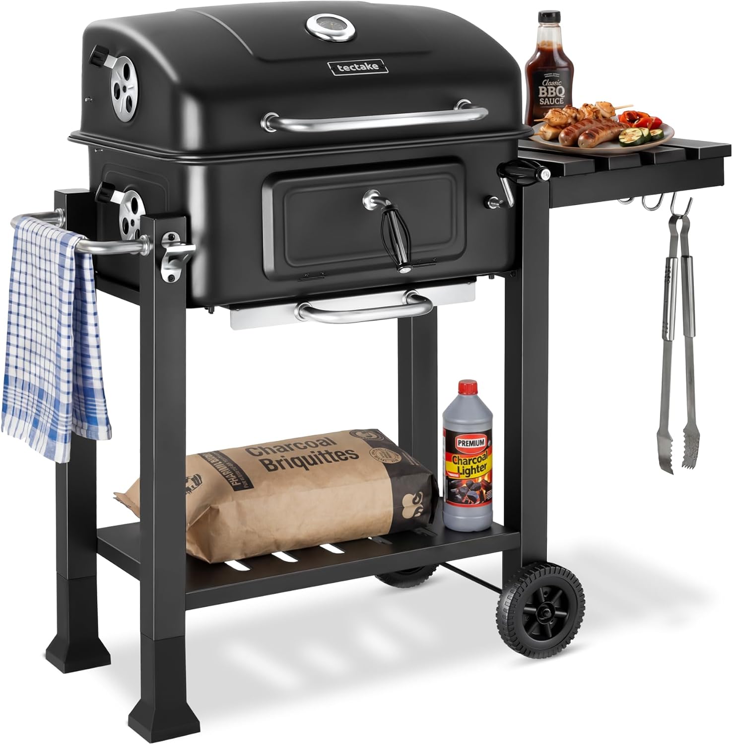 Parrilla de Carbón con Tapa y Ahumador, BBQ Grill con Termómetro y Bandeja Ajustable, 64 x 110 x 104 cm