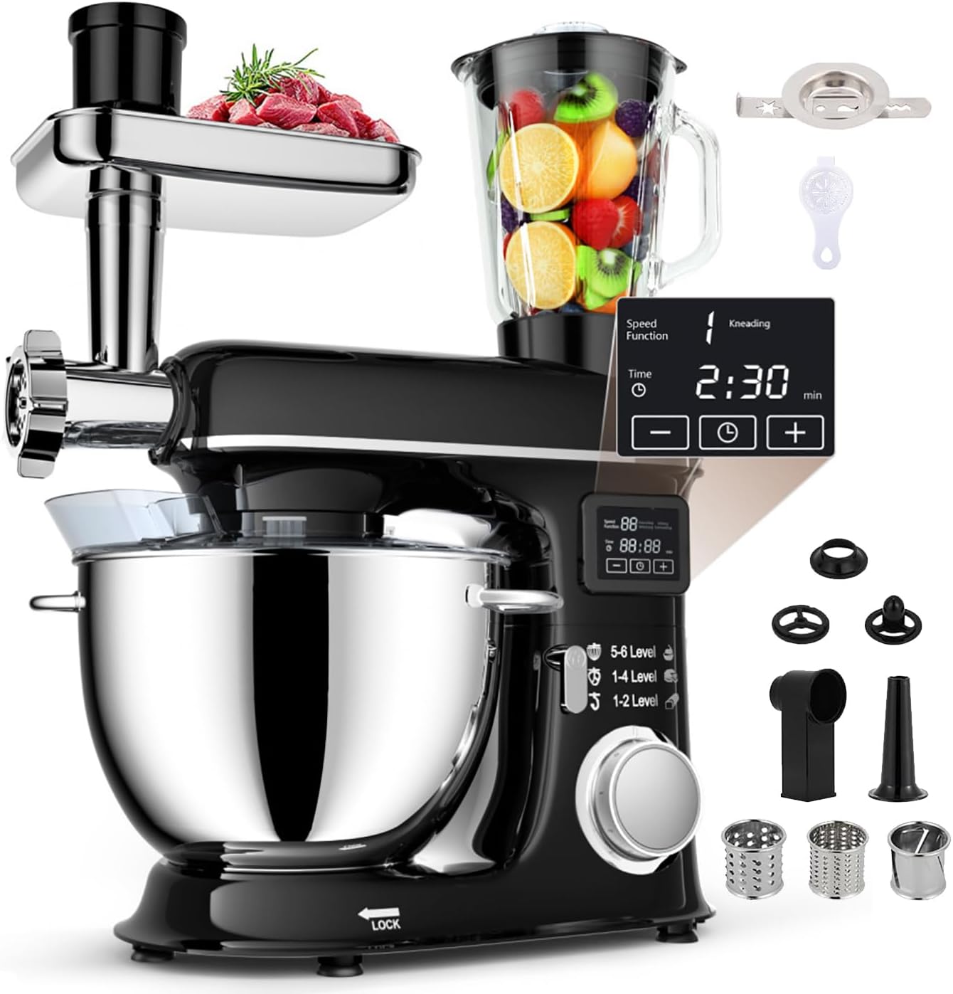 Batidora de pie 8L con pantalla LED, 6 velocidades, cabezal inclinable, bol inox, picadora de carne, gancho amasador y varillas, color negro