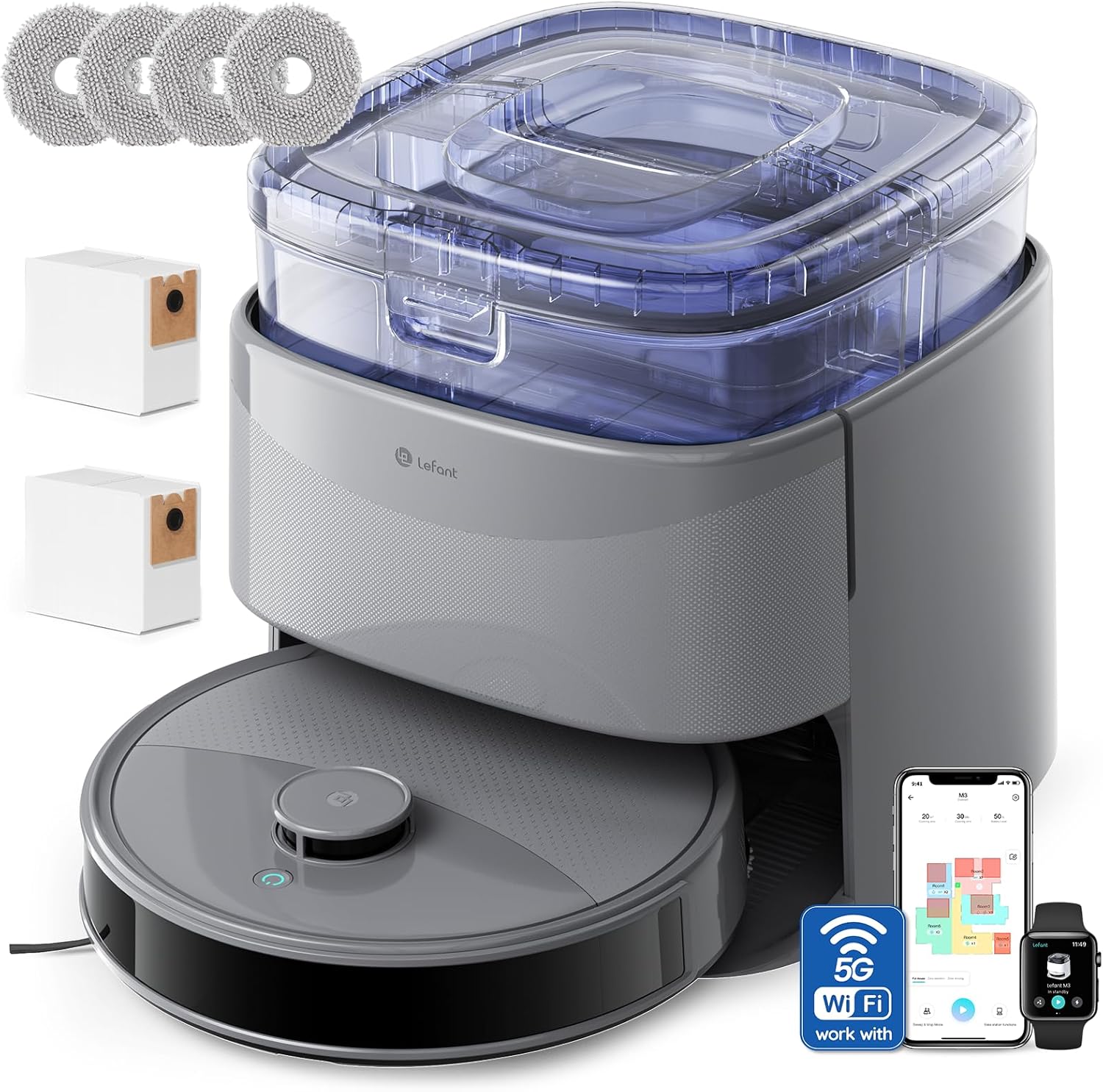 Robot Aspirador LEFANT M3 Max con Navegación Láser dToF, Potencia Succión 20000 Pa, Autonomía 210min, Auto-Lavado y Auto-Vaciado, Compatible con WiFi y Alexa