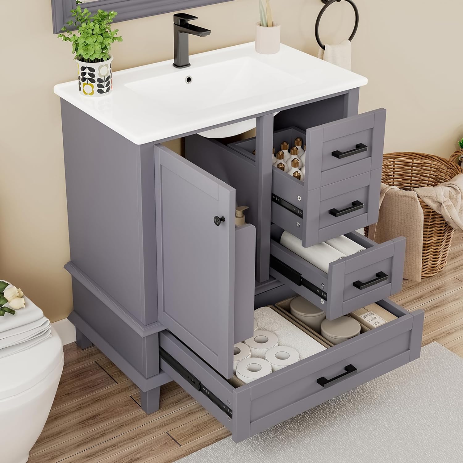 Mueble de Baño Gris con Lavabo de Cerámica Integrado, 76x46x83,5 cm, Puerta con Estantería y Tres Cajones Silenciosos
