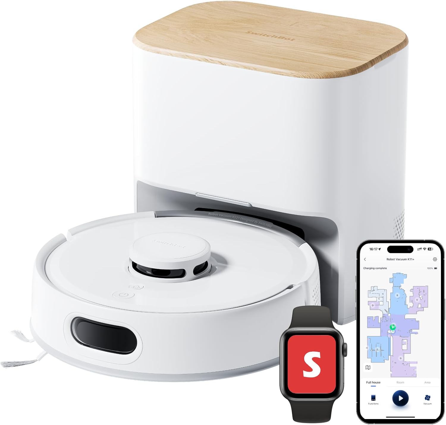 Robot Aspirador SwitchBot K11+ con Mopa, Succión de 6000 Pa, Vaciamiento Automático por 90 Días, Mapeo Inteligente LDS, Diseño Delgado de 3,6 Pulgadas, Compatible con Apple Home, Alexa y Google