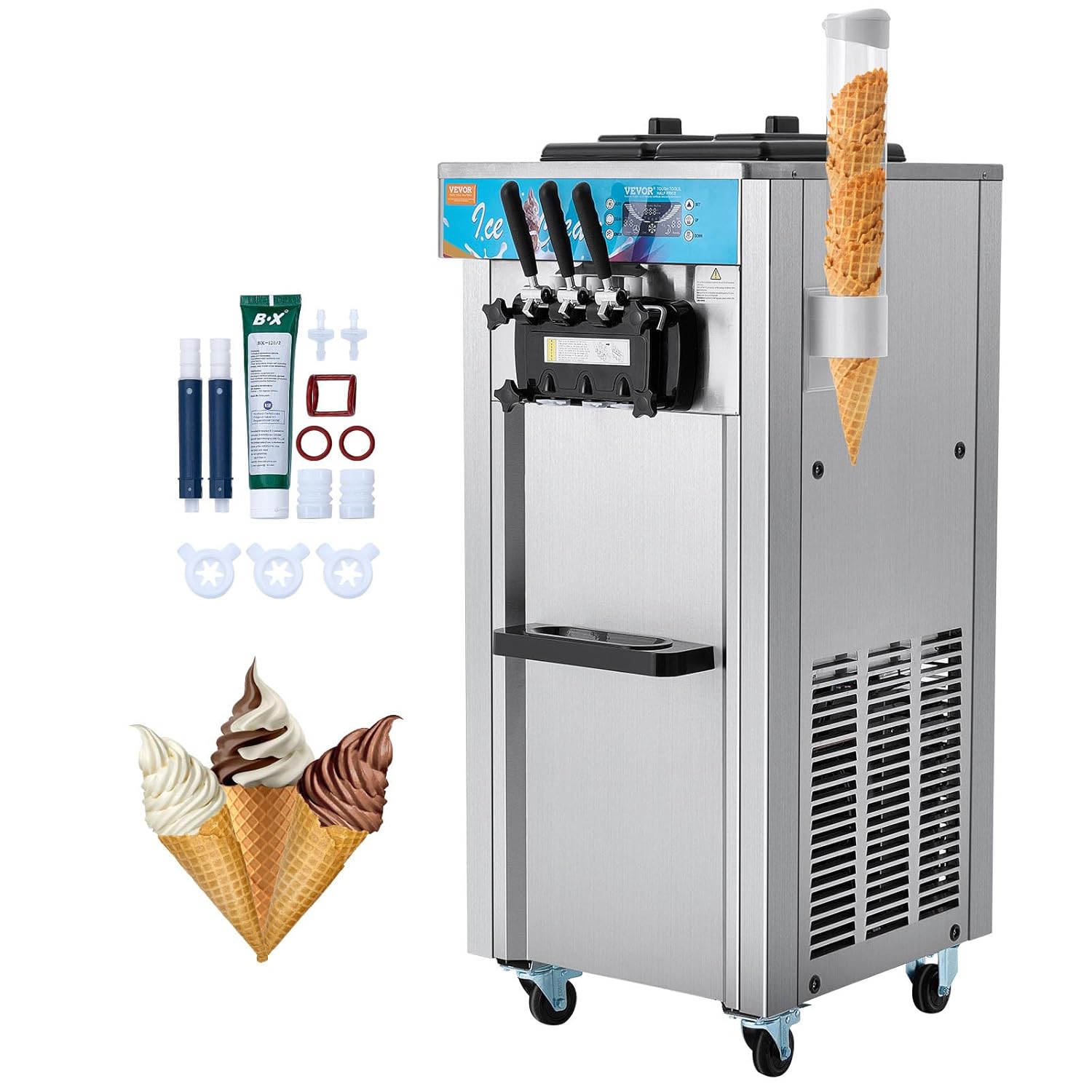 VEVOR Máquina Comercial de Helados 1500W, 3 Sabores, 21-31 L/h, Tolvas Independientes con Pre-Refrigeración y Limpieza Automática para Restaurantes y Tiendas