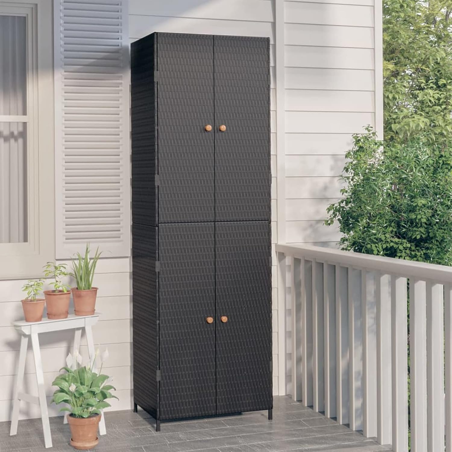Armario exterior de ratán PE negro 59x40x180 cm para almacenamiento de jardín
