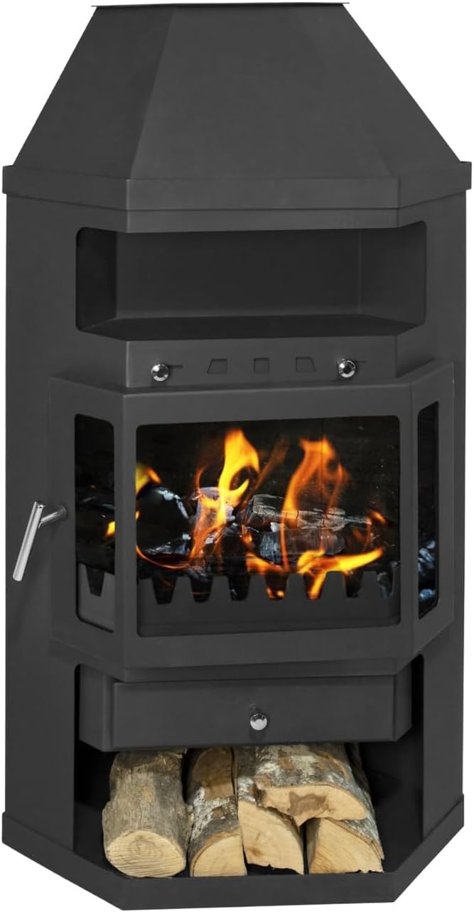 Estufa de Leña Esquina 13,85 kW, Alta Eficiencia 78%, Hasta 270 m³, Doble Combustión, Certificación CE